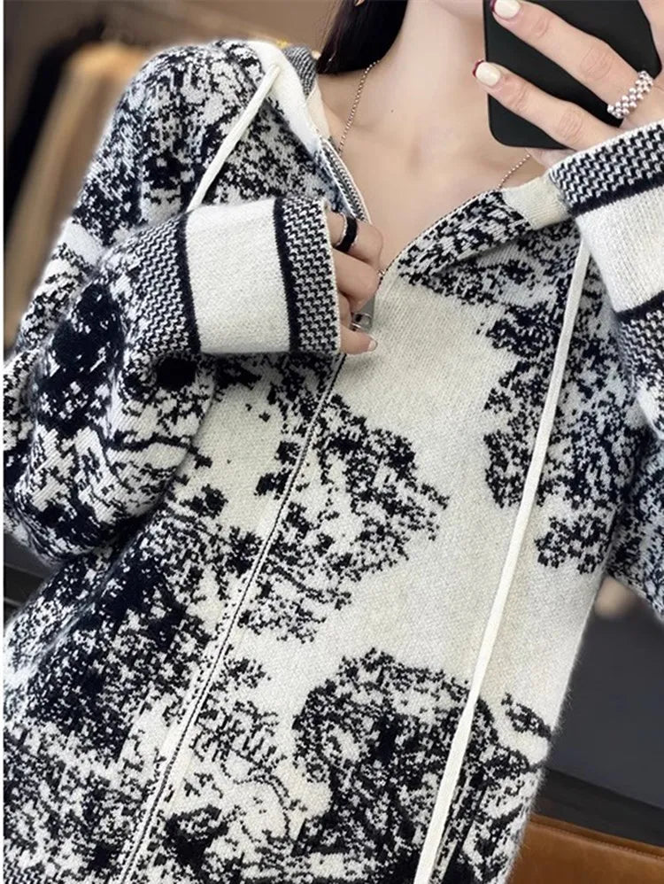 Tie Dye Pure Wool Black and White  Painting Hooded Zipper Cardigan
