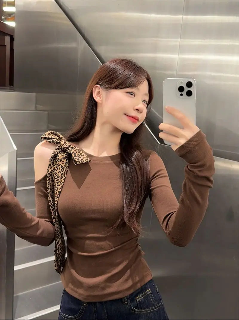 Coffee Leopard  Round Neck Long Sleeve Slim Top