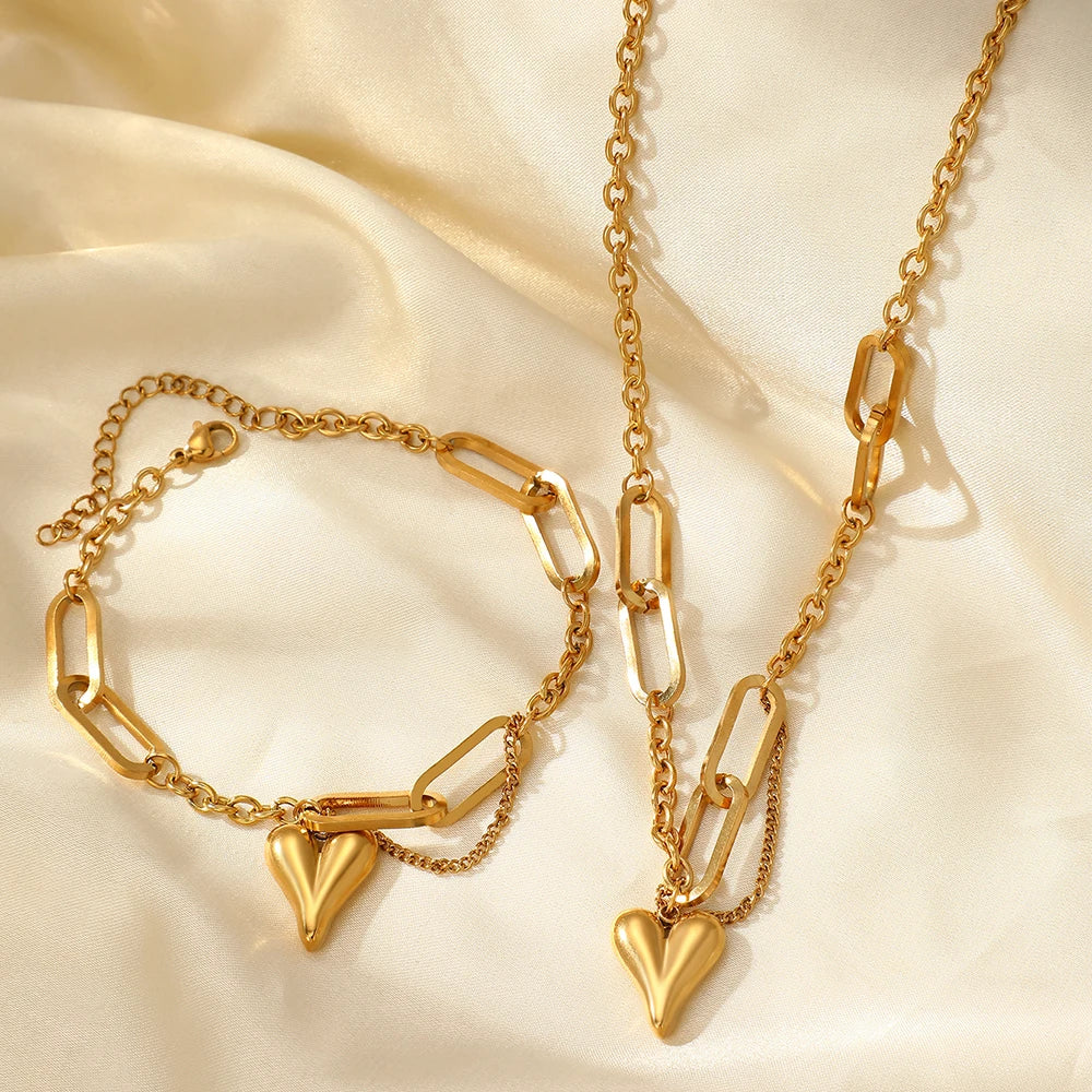 Matching Heart Shaped Chain Necklace & Bracelet Set
