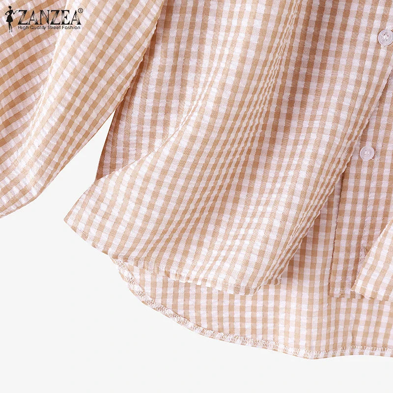 Vintage Plaid Checked  V-Neck Shirt with Long Sleeves