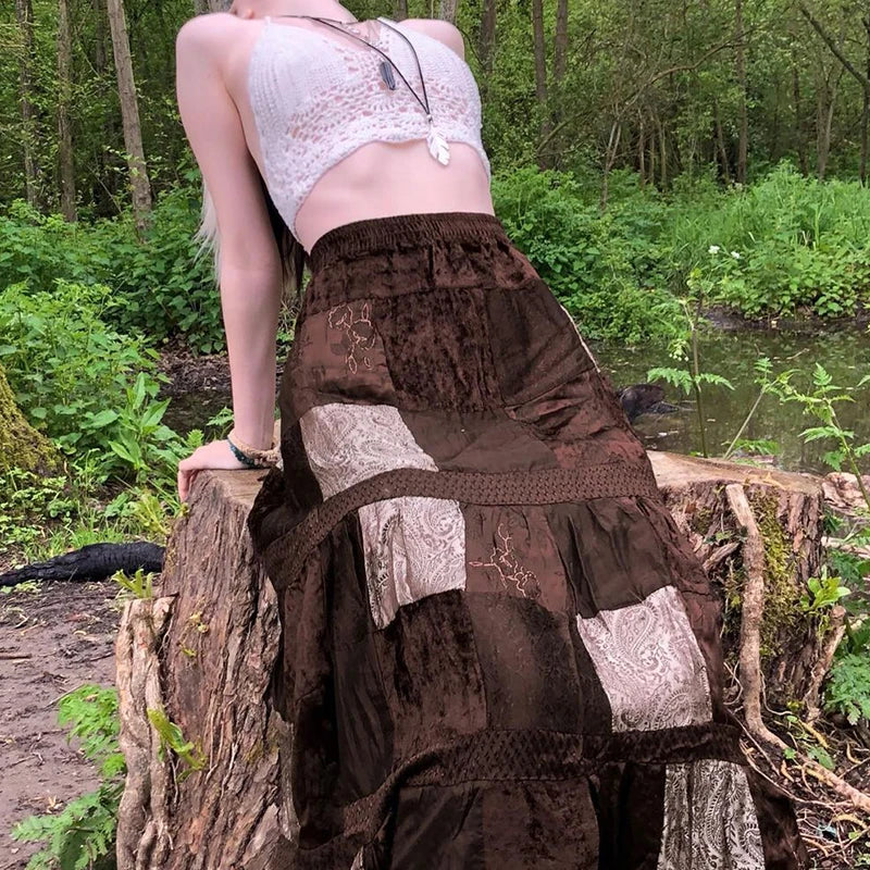 Boho  Patchwork Brown Pleated   Skirt