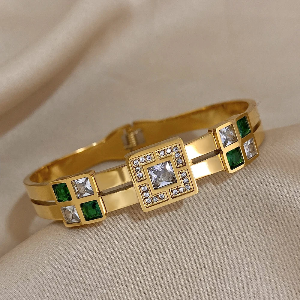 Luxury Designer Royal Emerald Green White Zircon Bangle Cuff Bracelet