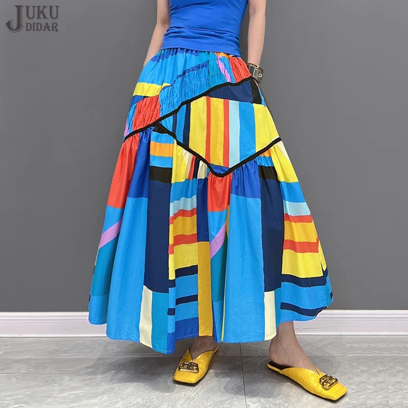 Blue Art  3D Printed  Loose Fit Mid-Calf Skirt with Pockets