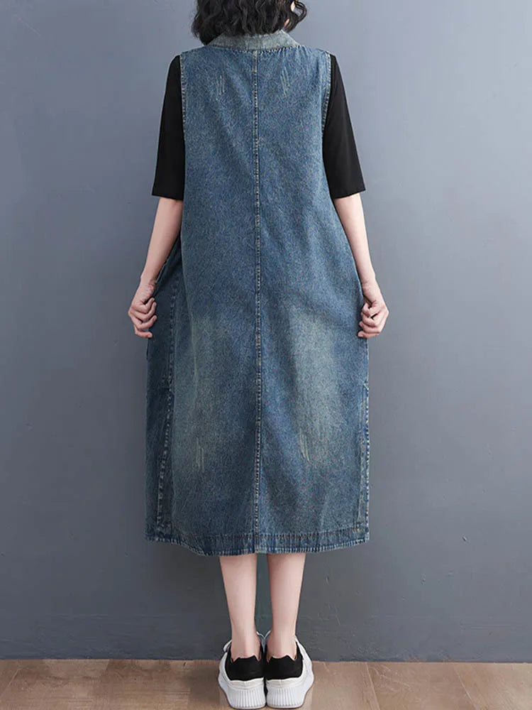 Classic Leisure Fashion Loose Belt Sleeveless Denim Dresses