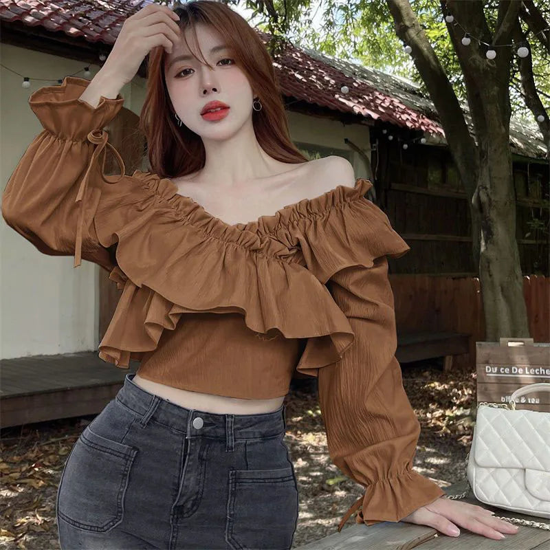 Ruffles Patchwork V-Neck Crop Tops Blouse  with Long Sleeve