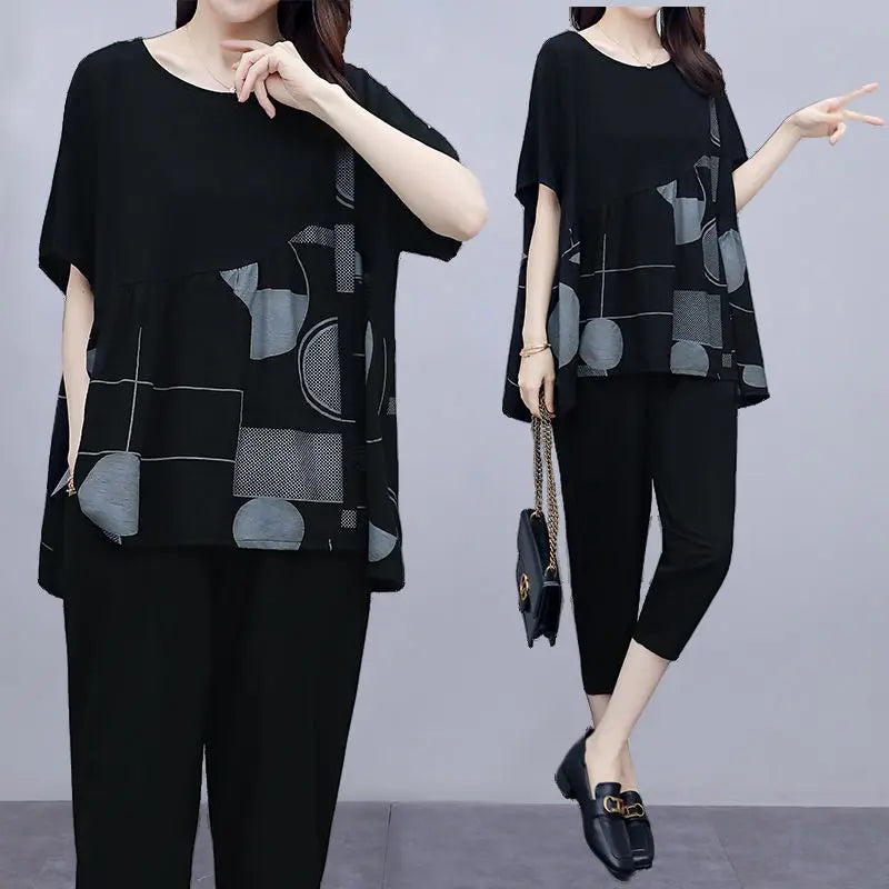 Korean Fashion Loose Short Sleeve Top & Pants 2 Piece Set