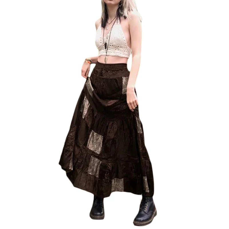 Boho  Patchwork Brown Pleated   Skirt