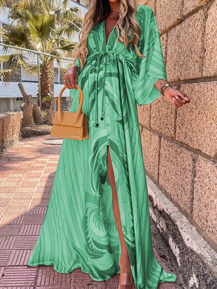 Elegant Artsy Print Oversized Holiday Beachy Maxi V-Neck Dress