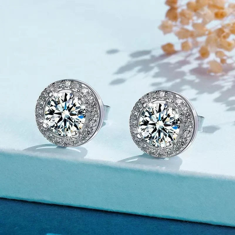 GRA Certified 1 Carat Moissanite 925 Sterling Silver Round Stud Earrings