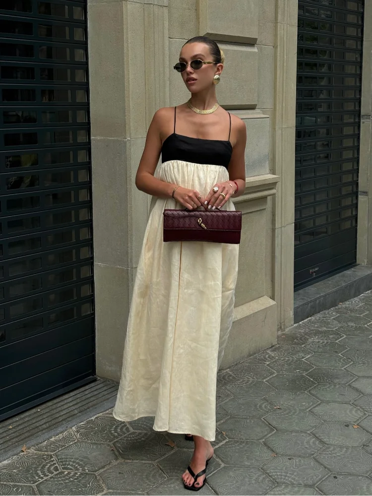 White and Black  Contrasting Color Hollow Out Sling Maxi Sleeveless Dress