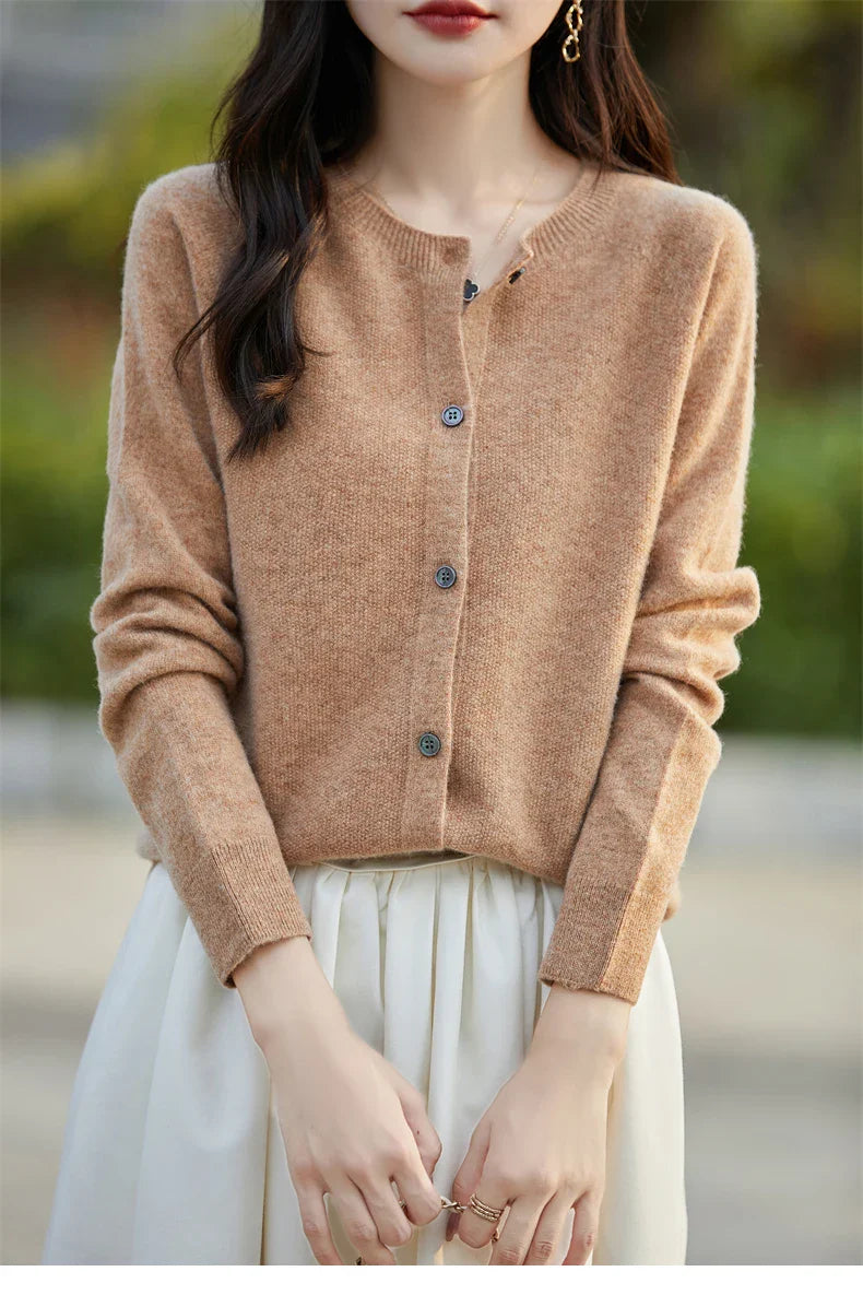 Soft Wool Cashmere Blend Knitted Round Neck Cardigan