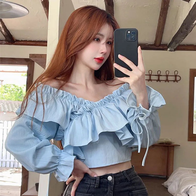 Ruffles Patchwork V-Neck Crop Tops Blouse  with Long Sleeve