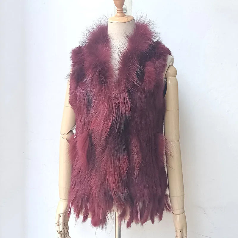 Warm Sleeveless Genuine Rabbit Fur Knitted Vest with Tassel