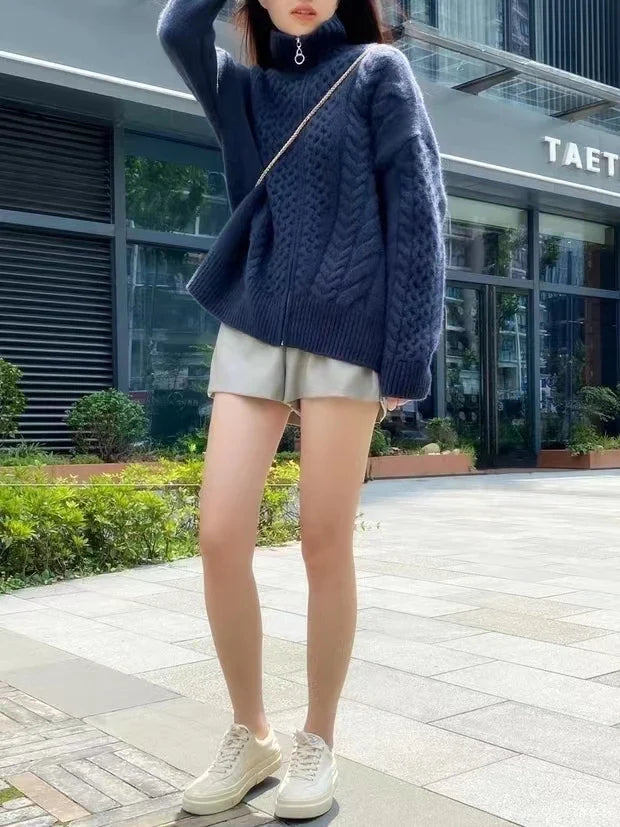 Luxurious High Neck Knit Wool Zippered Cardigan Sweater Jacket