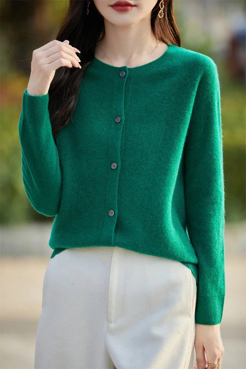 Soft Wool Cashmere Blend Knitted Round Neck Cardigan