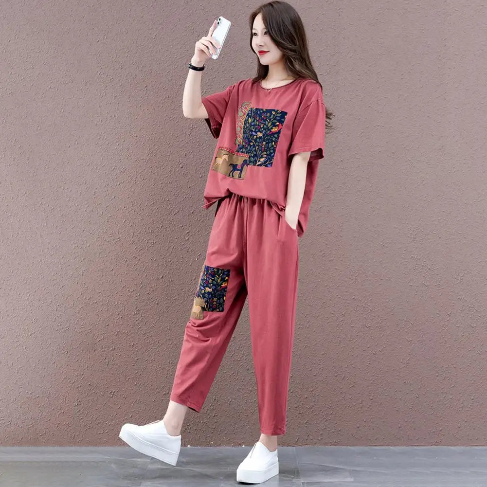 Cool Printing O-Neck Top Cropped Pants Set