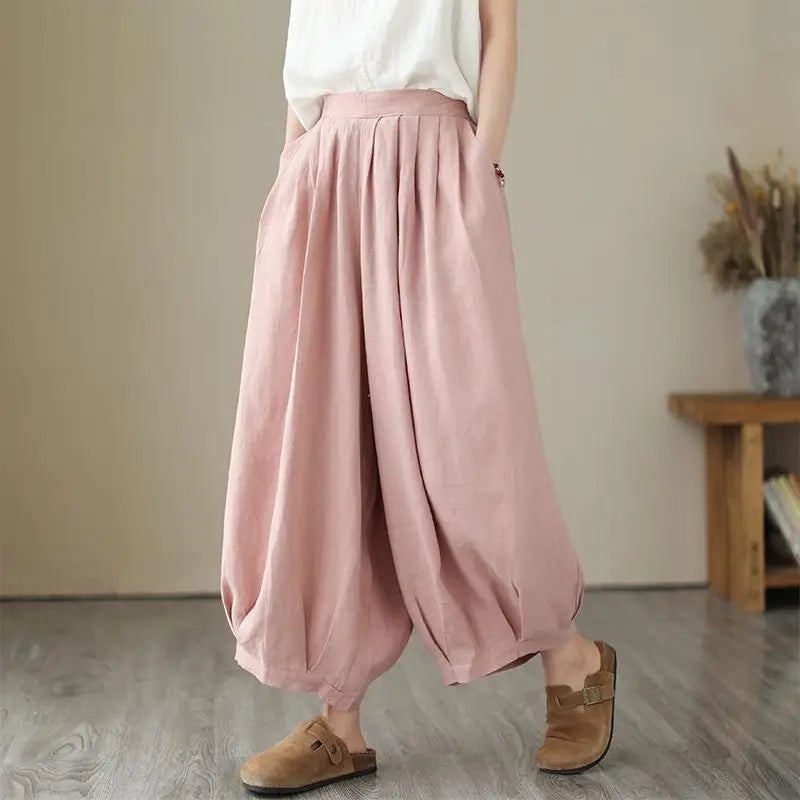 Arts Style Ankle-length Loose Elastic Waist Wide Leg Pants