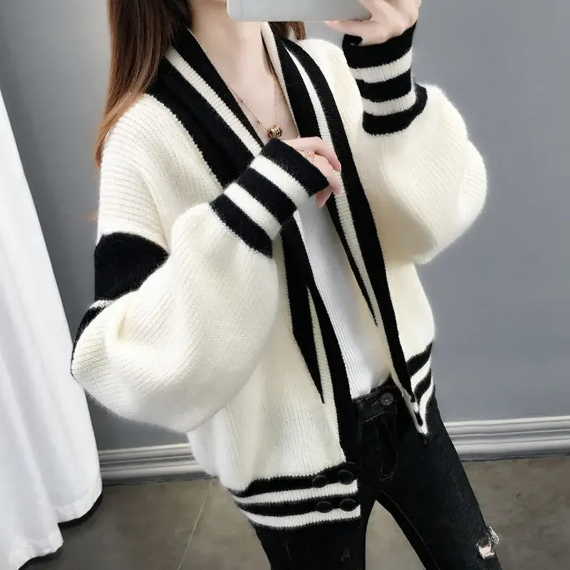 Striped Knitted  Cardigan Coat Long Sleeve Sweater Jackets