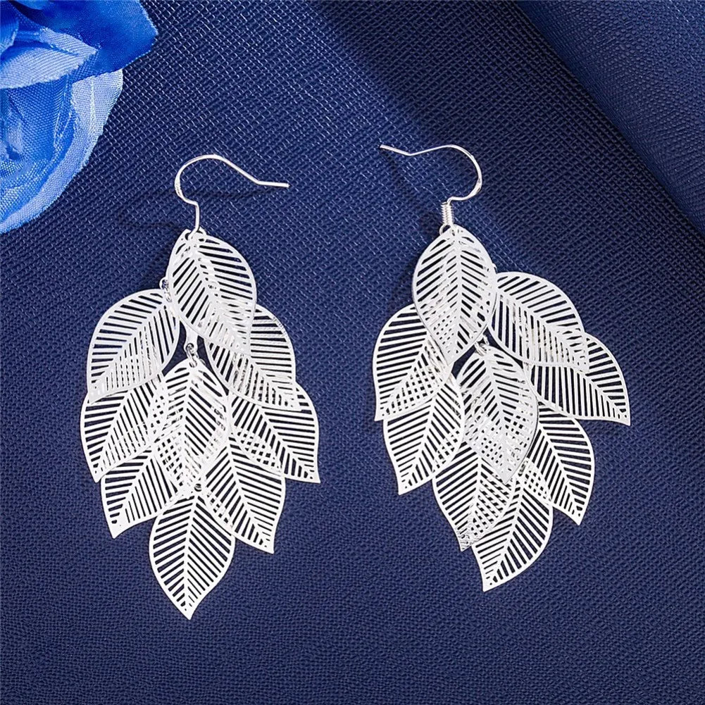 Fine 925 Sterling Silver Tassel Layered Leaves Drop Earrings