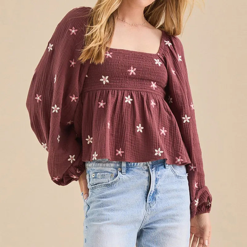 Floral Embroidered Smocked Square Neck Vintage Casual Tops