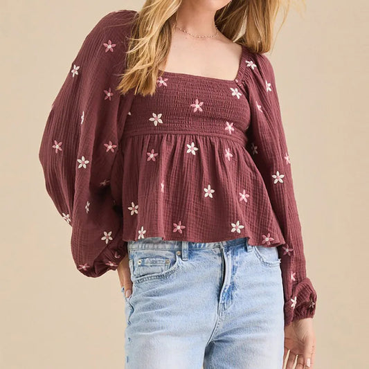 Floral Embroidered Smocked Square Neck Vintage Casual Tops