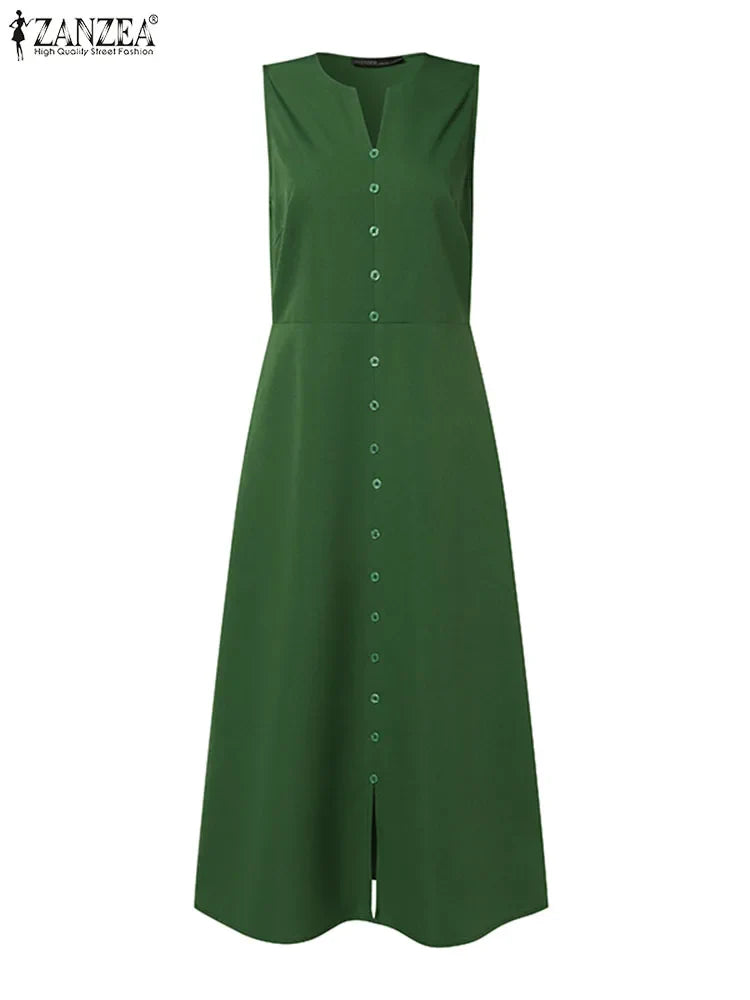 Elegant Leisure Retro V Neck Sleeveless Button Down MidI  Dress