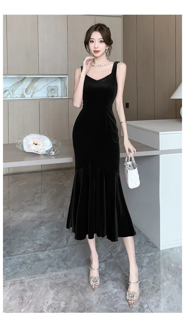 NEW Elegant Korean  Velvet Backless Sleeveless Midi Mermaid Dresses