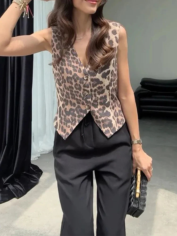 Chic Vintage Leopard Print  Sleeveless  V-Neck Slim Short Vest