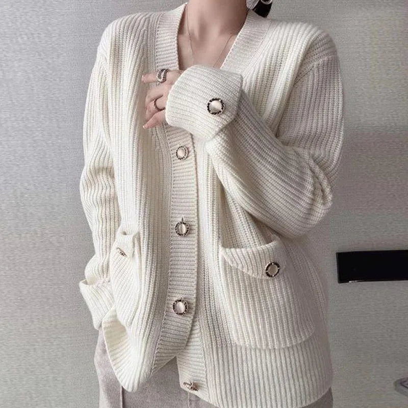 Elegant   Loose-Fit V-Neck Knitted  Cardigan with  Long Sleeve One Size