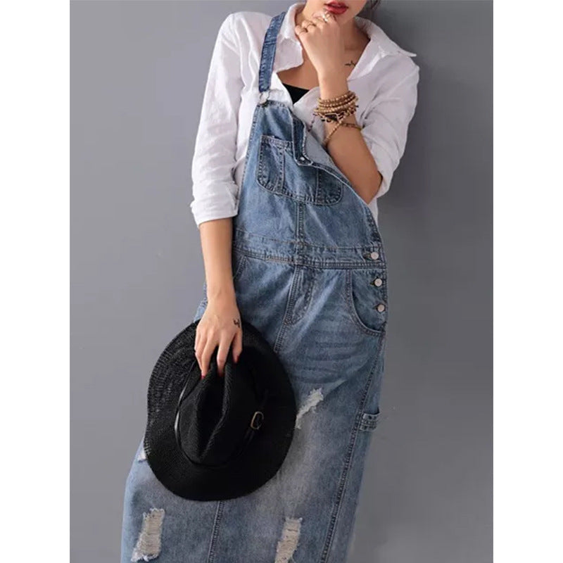 Denim Sleeveless Strap Straight Long Skirt.