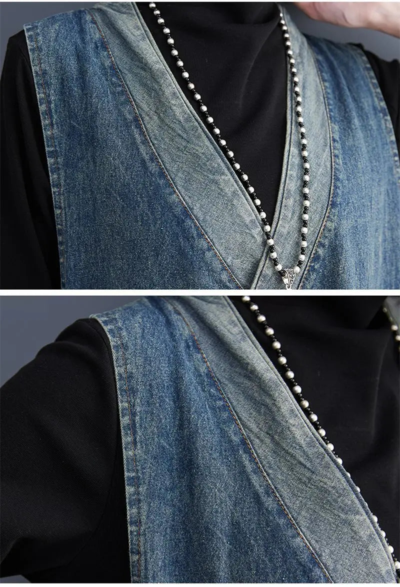 Classic Leisure Fashion Loose Belt Sleeveless Denim Dresses