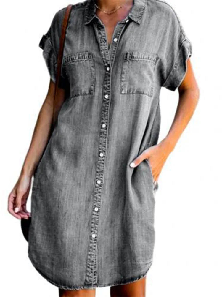 Summer  Denim Shirt Dress with  Pocket Simple
