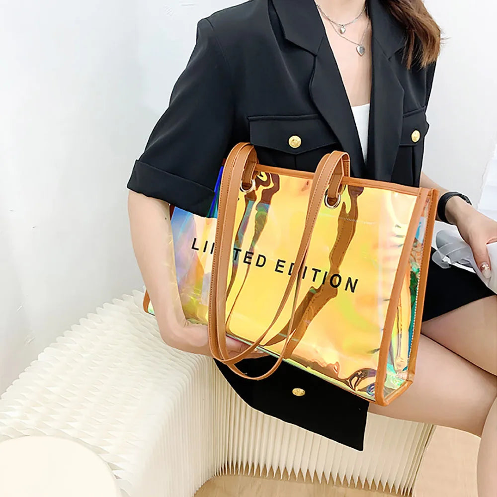 Clear Neon Holographic Large Tote Bag