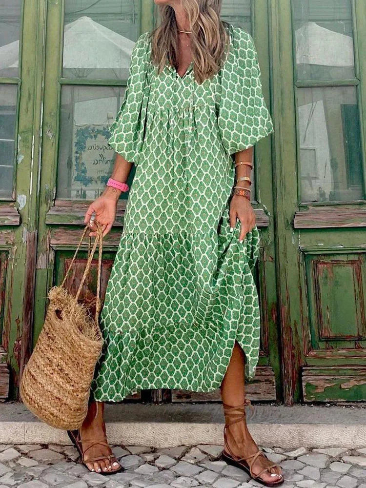 Bohemian Print V-Neck Loose Fit Summer Maxi Dress W/ 3/4 Sleeve