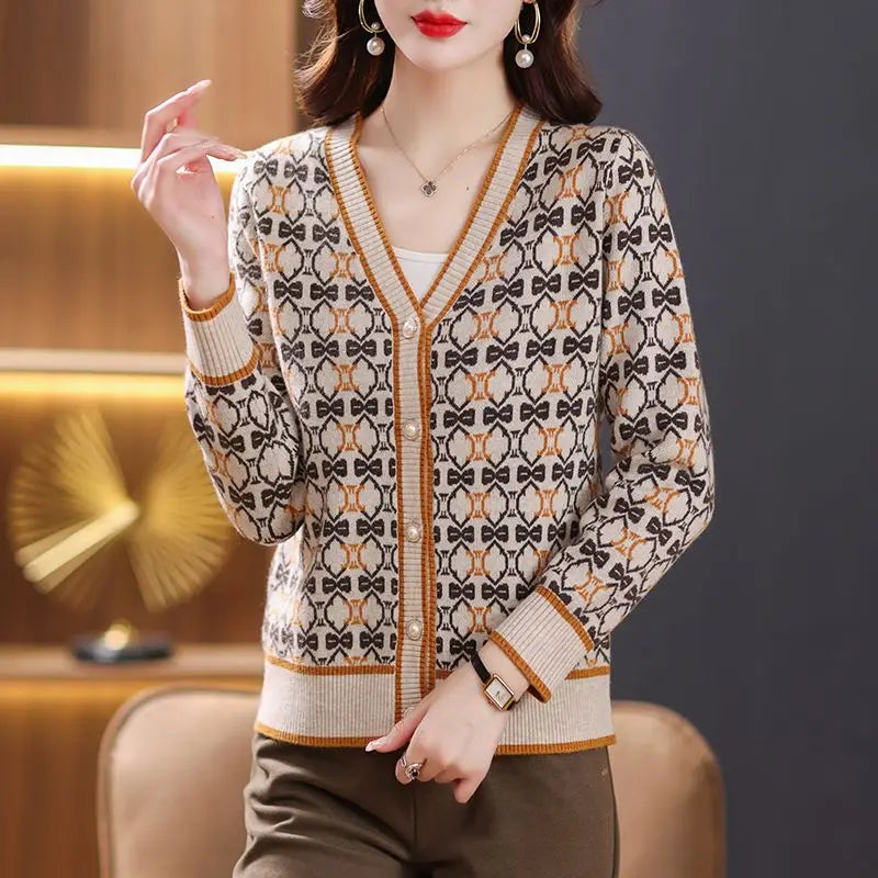 Vintage Elegant V-neck Jacquard Knitted Cardigan