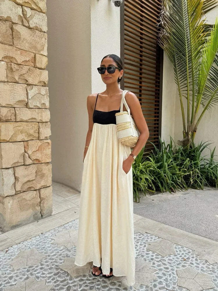 White and Black  Contrasting Color Hollow Out Sling Maxi Sleeveless Dress