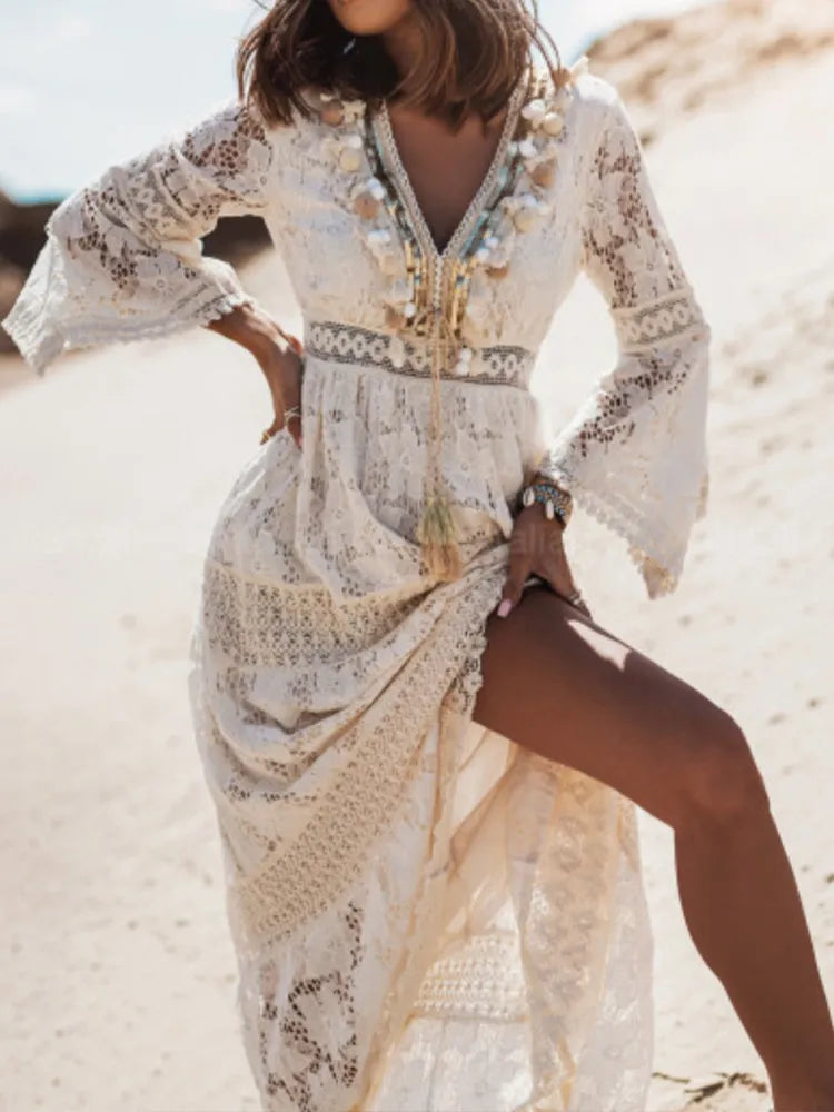 Boho White Beige Lace V Neck Dress