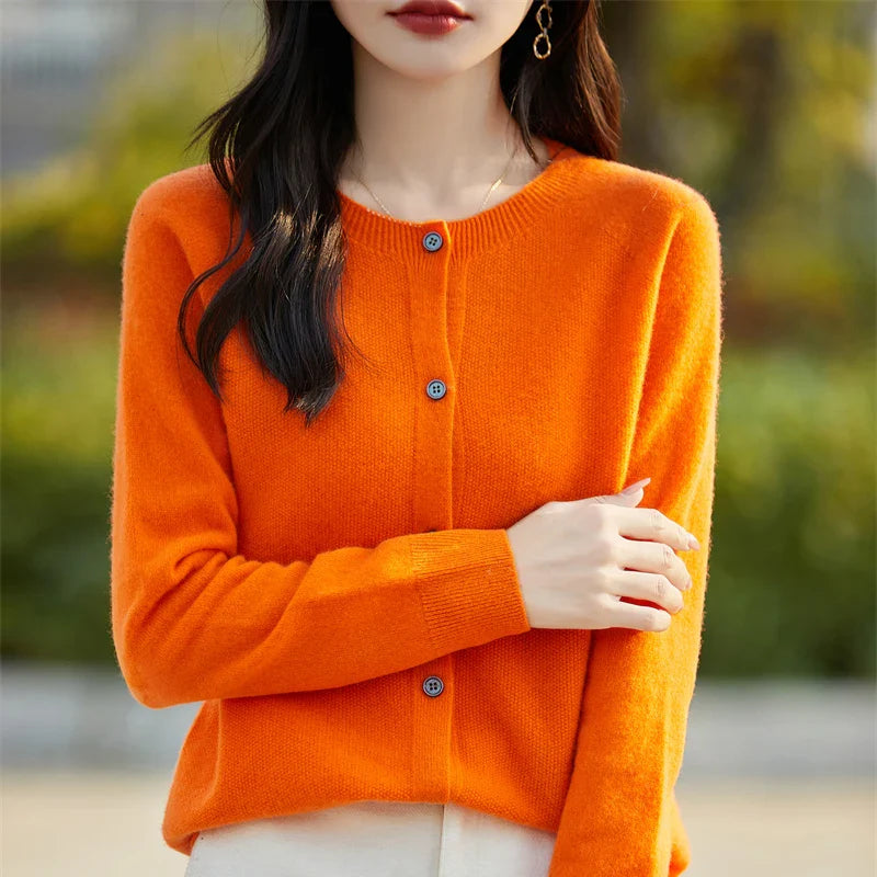 Soft Wool Cashmere Blend Knitted Round Neck Cardigan