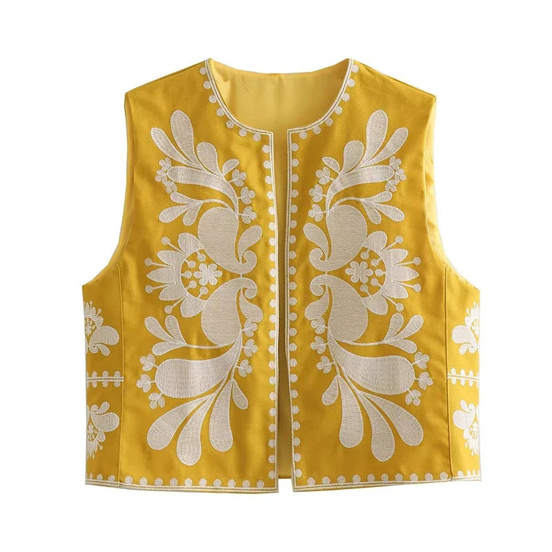 Vintage Floral Embroidered Open Waist Style Vest