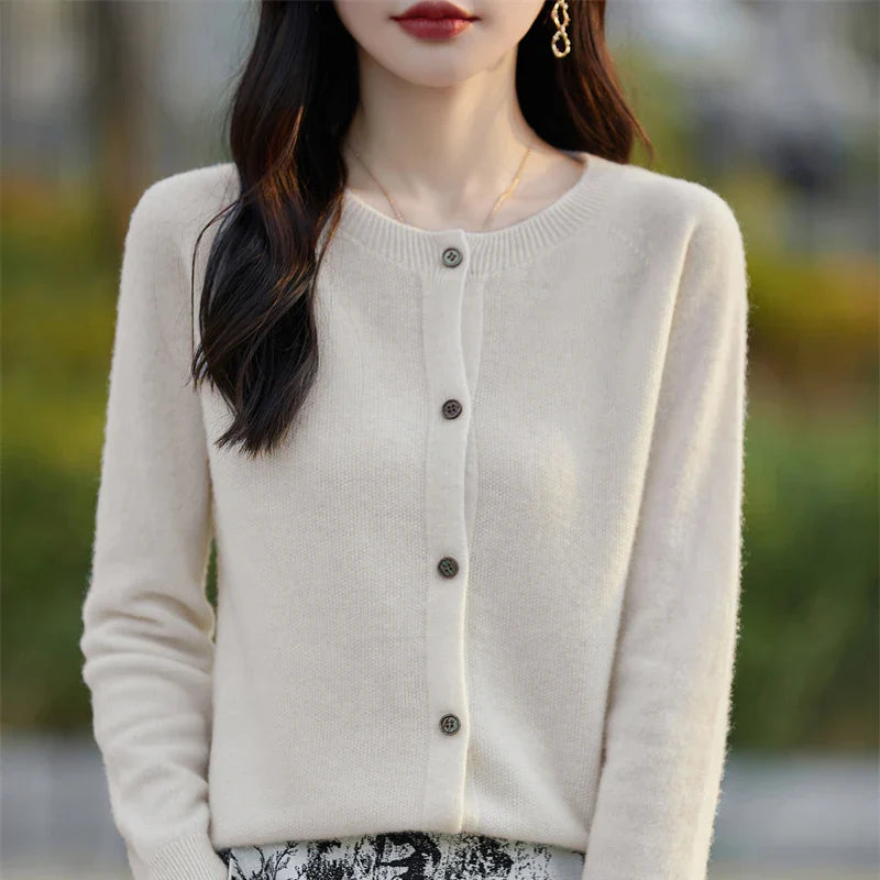 Soft Wool Cashmere Blend Knitted Round Neck Cardigan