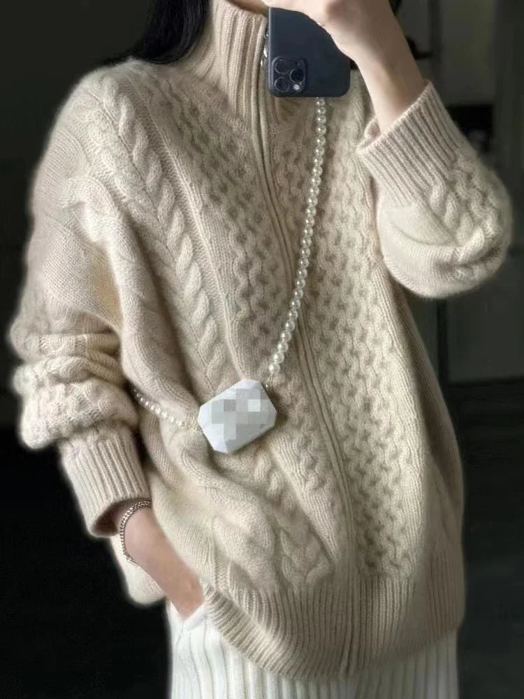 Luxurious High Neck Knit Wool Zippered Cardigan Sweater Jacket