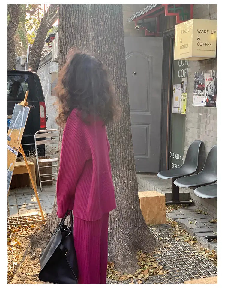 French Trendy Retro Two-piece Set with High Neck Sweater Knitted Top