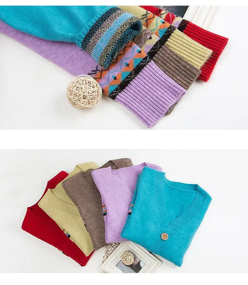 Folk Vintage Button V-Neck  Cardigans with Long Sleeves and Pockets