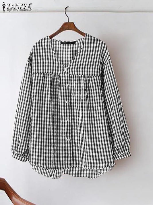 Vintage Plaid Checked  V-Neck Shirt with Long Sleeves