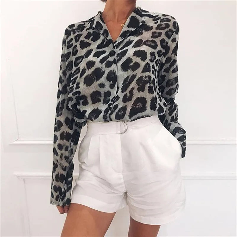 Long Sleeve Chiffon Leopard Print