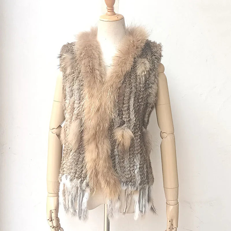 Warm Sleeveless Genuine Rabbit Fur Knitted Vest with Tassel