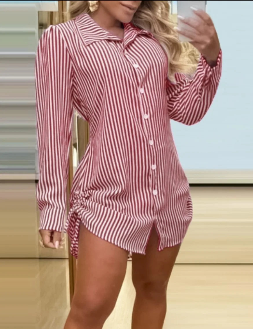 Versatile Striped Print  Drawstring Button Mini  Shirt Dress with Sleeve
