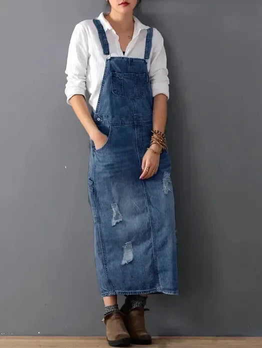 Denim Sleeveless Strap Straight Long Skirt.