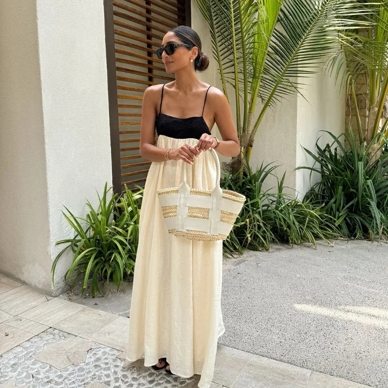 White and Black  Contrasting Color Hollow Out Sling Maxi Sleeveless Dress