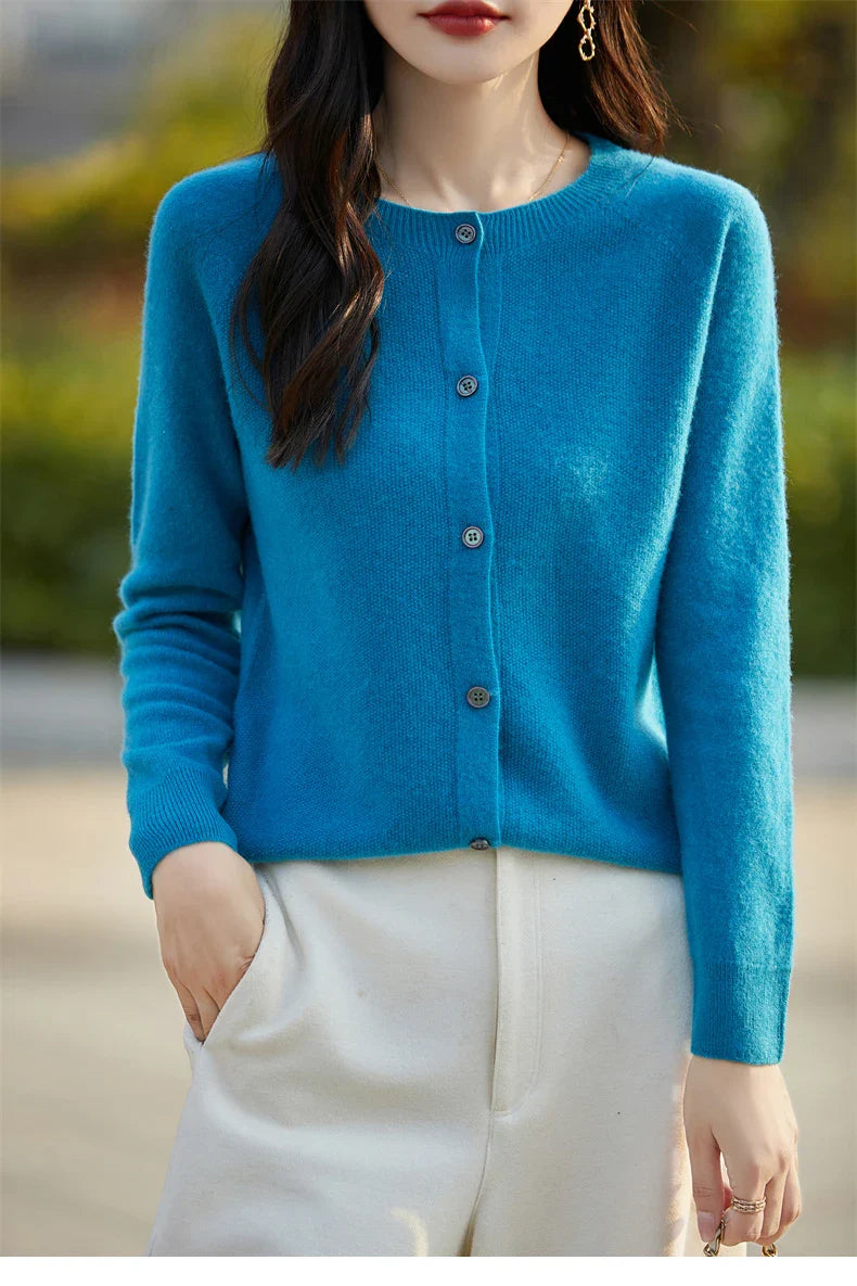 Soft Wool Cashmere Blend Knitted Round Neck Cardigan